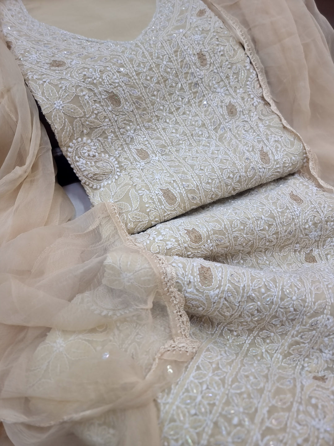 Unstitched Cotton Hand Embroidered Chikankari Dress Material with Cutdana, Resham & Badla Work | Pure Chiffon Dupatta | Lucknowi Artistry