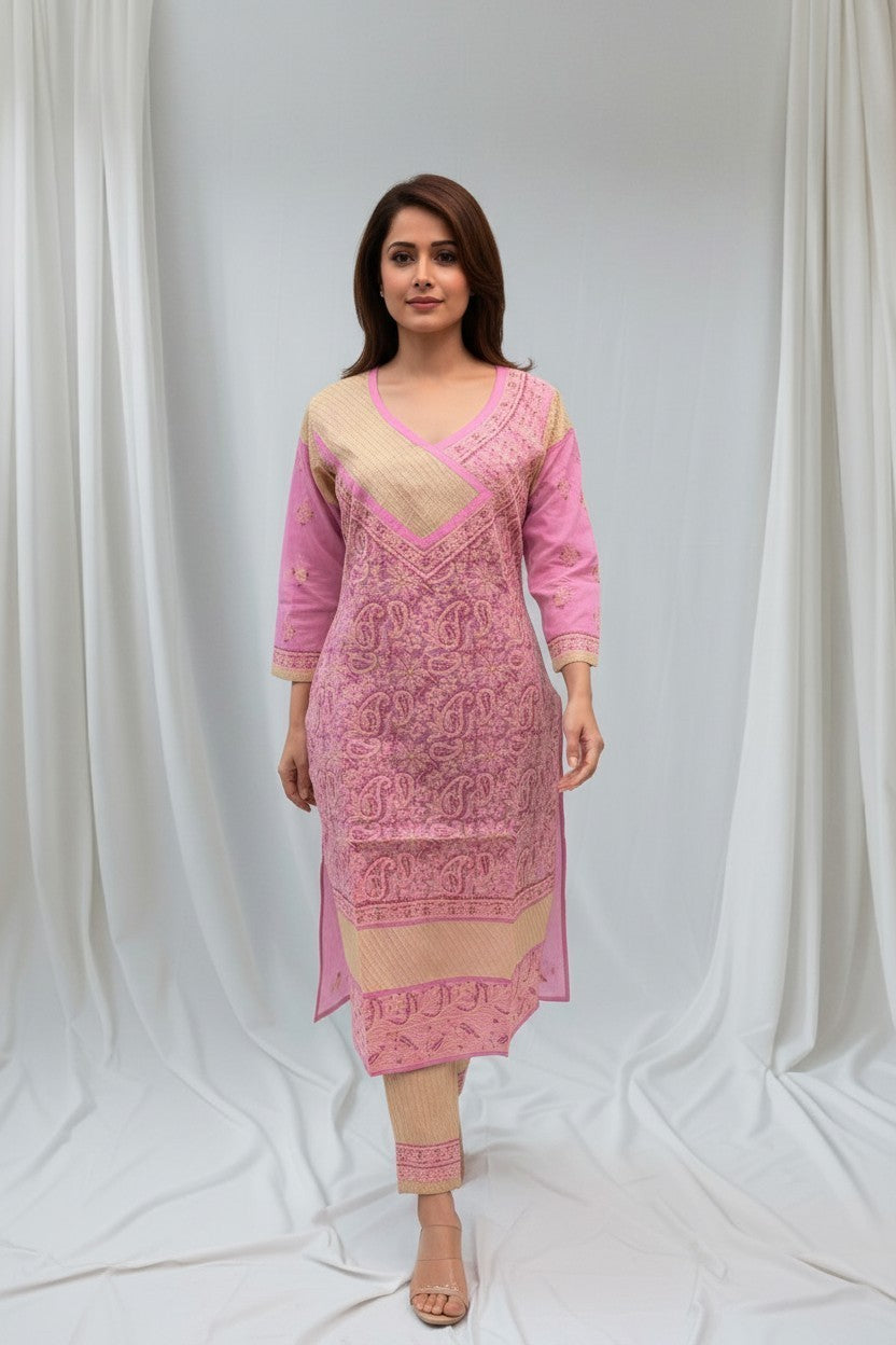 Jia Cotton Chikankari Hand Embroidered Kurti for Women | Premium  | 48 Inch approx Length | Lucknowi Chikan Kurta