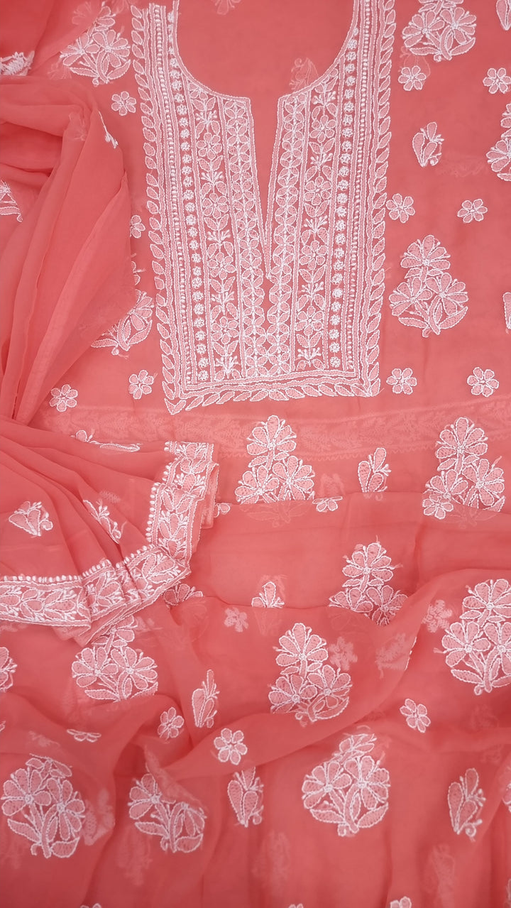 Lucknowi Georgette Chikankari Dress Material – Hand Embroidery Kurta, Bottom & Dupatta | Festive Queen Shades