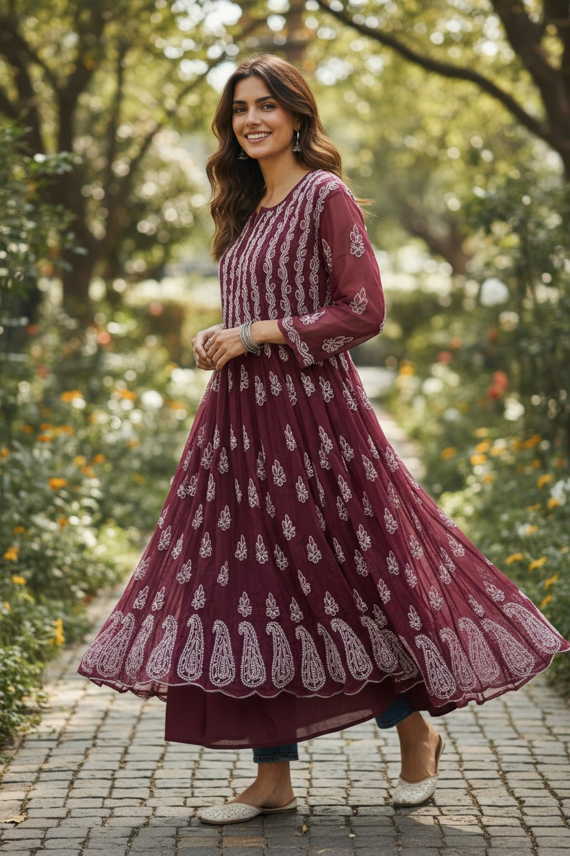Georgette Lucknowi Chikankari 50" Long Anarkali Kurti | 100% Hand Embroidered| No Shrinkage