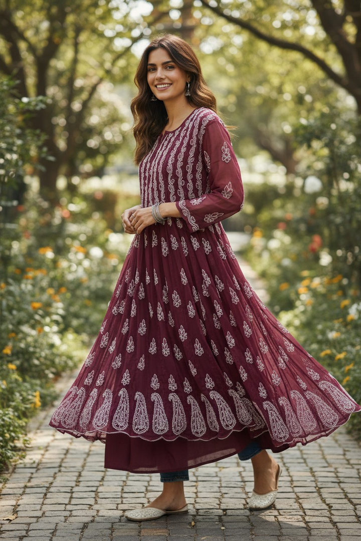 Georgette Lucknowi Chikankari 50" Long Anarkali Kurti | 100% Hand Embroidered| No Shrinkage