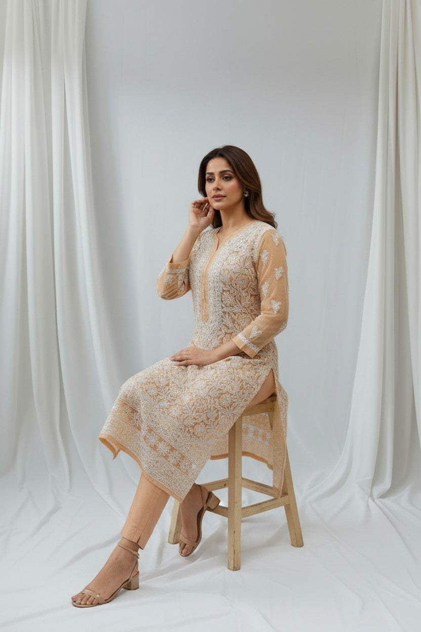 Raha Women’s Georgette Chikankari Kurti –Pearl, mirror n aari work -Designer Hand Embroidered Lucknowi Craft by Paridhan Chikan