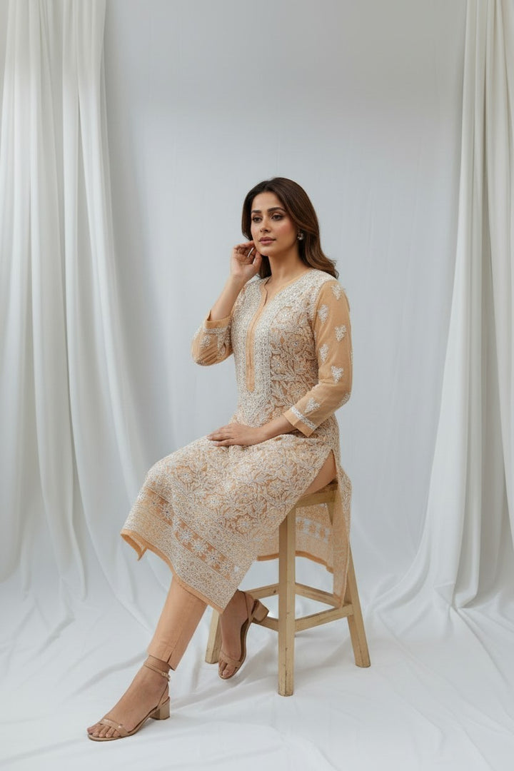 Raha Women’s Georgette Chikankari Kurti –Pearl, mirror n aari work -Designer Hand Embroidered Lucknowi Craft by Paridhan Chikan