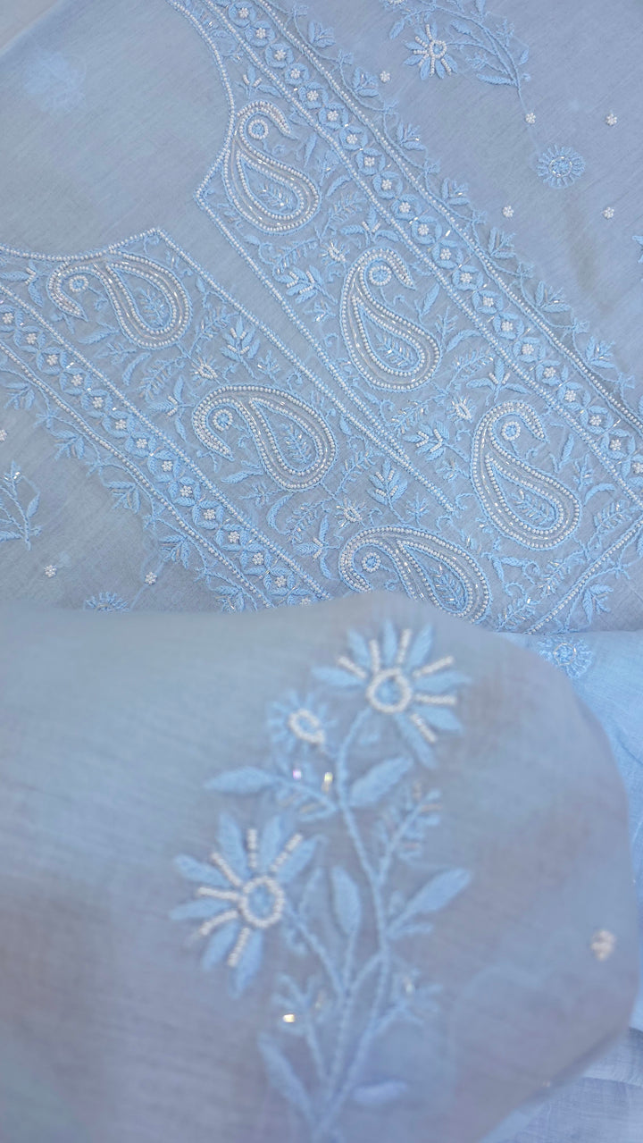 Hiba Premium Mul Chanderi Supersoft Dyeable Chikankari Dress Material | Hand Embroidered with Pearls & Cutdaana | Kurta & Dupatta Set