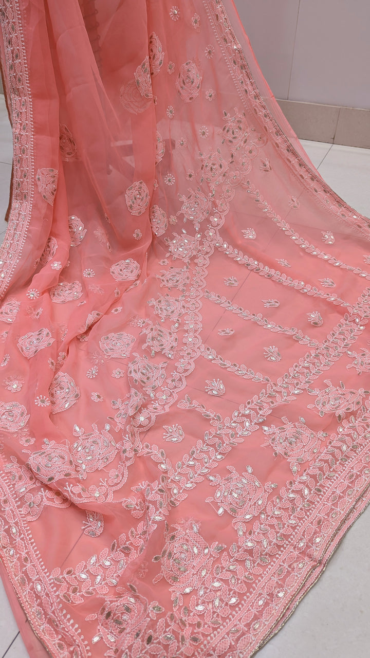 Embellished with Gota Patti | Hand Chikankari Faux Georgette Saree | Lucknowi Embroidery | Designer Festive Wear by Paridhan Chikan
