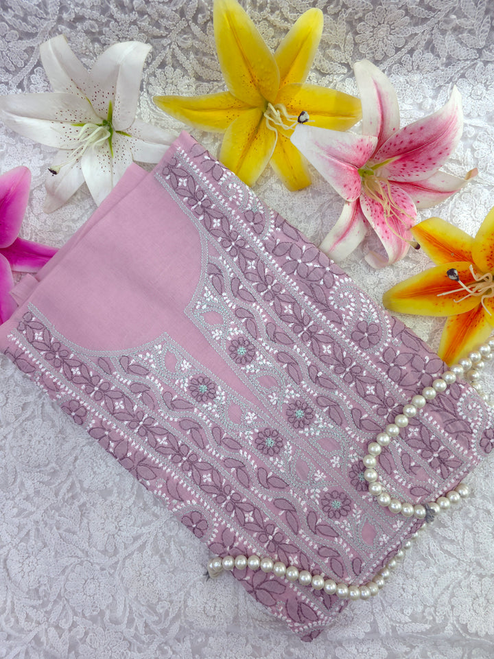 Lucknow Chikankari Hand Embroidered Cotton Dress Material with Tri-Color Motifs & Pure Chiffon Dupatta