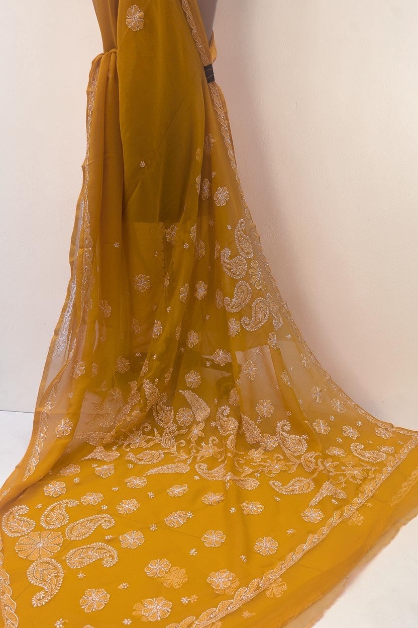 Faux Georgette Hand Chikankari Saree with Exclusive Border & Palla Design | Embroidered Blouse Included | Authentic Lucknow Handicraft by Paridhan Chikan