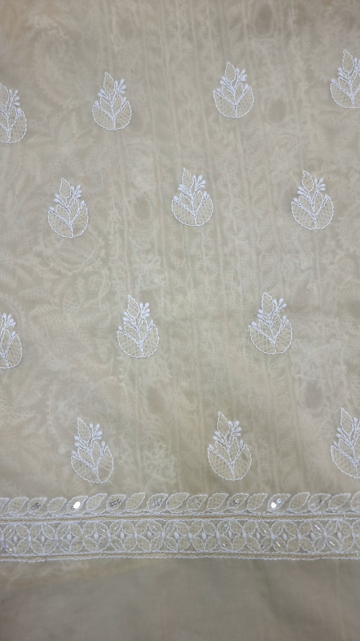 Unstitched Cotton Hand Embroidered Chikankari Dress Material with Cutdana, Resham & Badla Work | Pure Chiffon Dupatta | Lucknowi Artistry