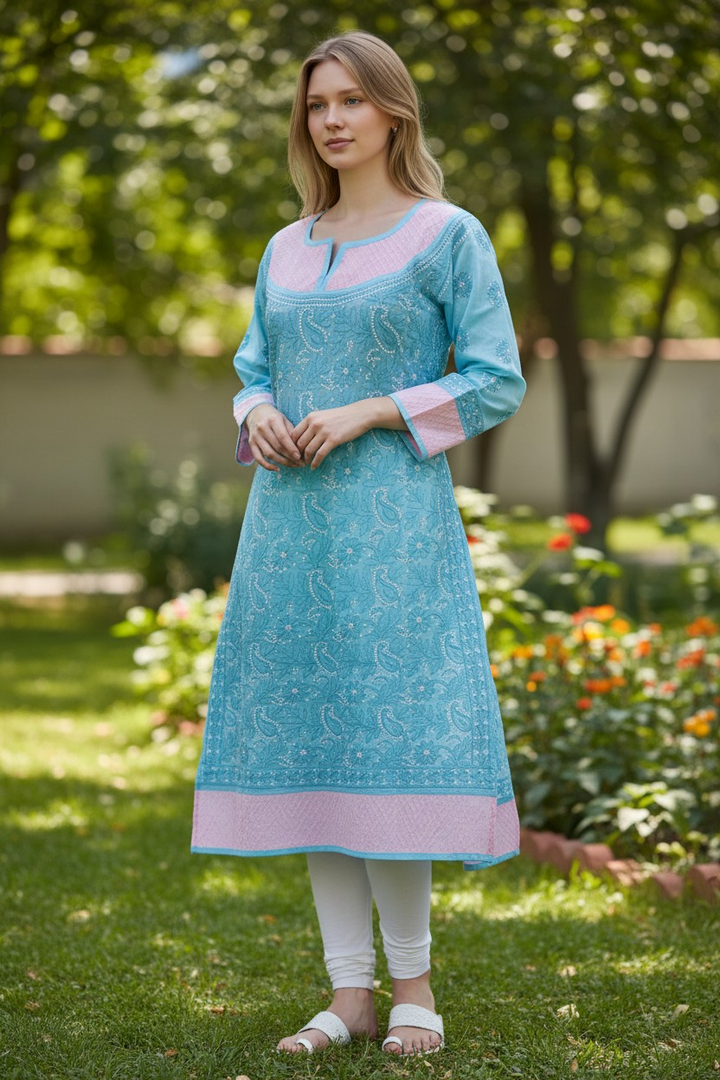Cotton Chikankari Hand Embroidered Kurti for Women | Premium  | 48 Inch approx Length | Lucknowi Chikan Kurta