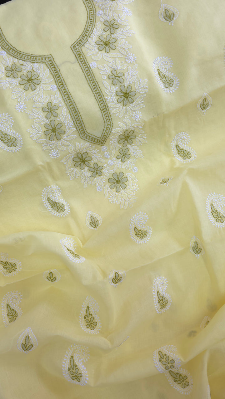 Paridhan Chikan Premium Cool Cotton Chikankari Dress Material Set with Hand Embroidered Kurta, Bottom & Chiffon Dupatta with Handmade Crochet Border