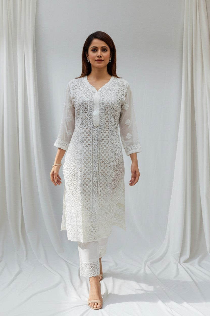 Raha Women’s Georgette Chikankari Kurti –Pearl, mirror n aari work -Designer Hand Embroidered Lucknowi Craft by Paridhan Chikan