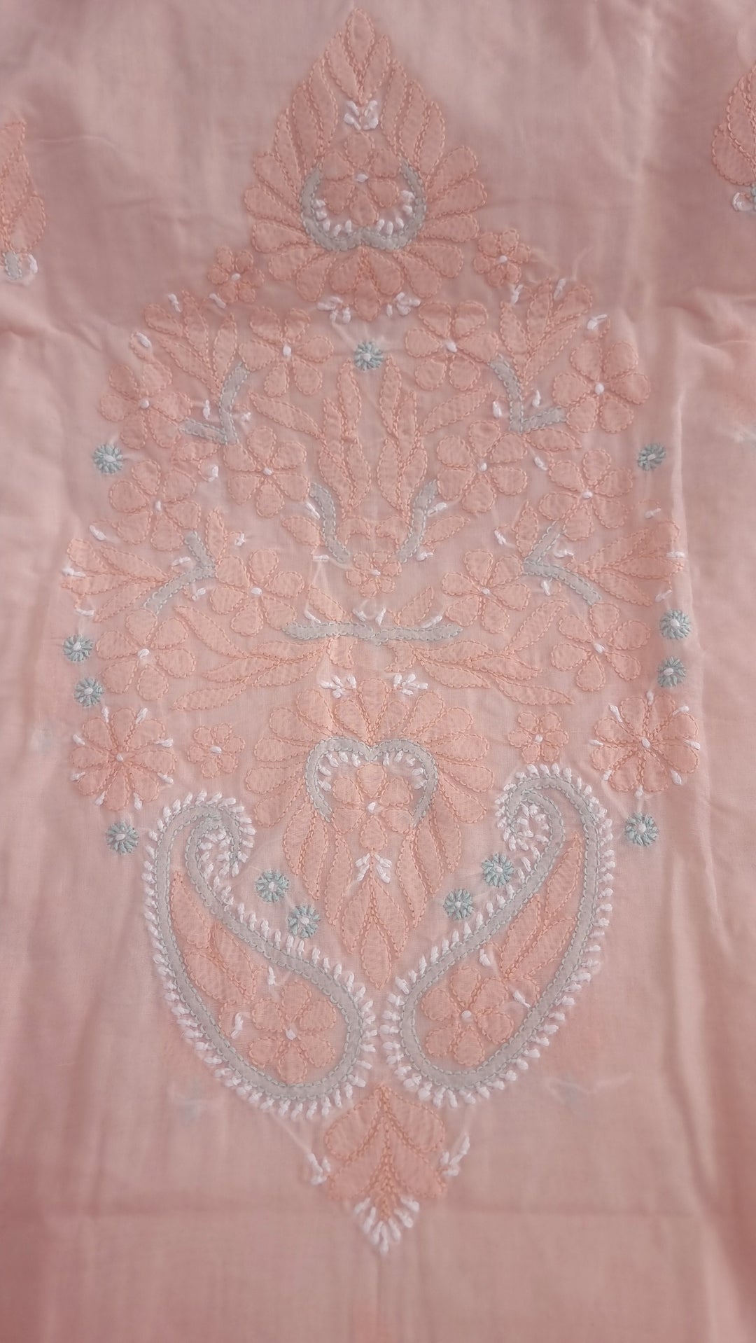 Lucknow Chikankari Hand Embroidered Cotton Dress Material with Tri-Color Motifs & Pure Chiffon Dupatta