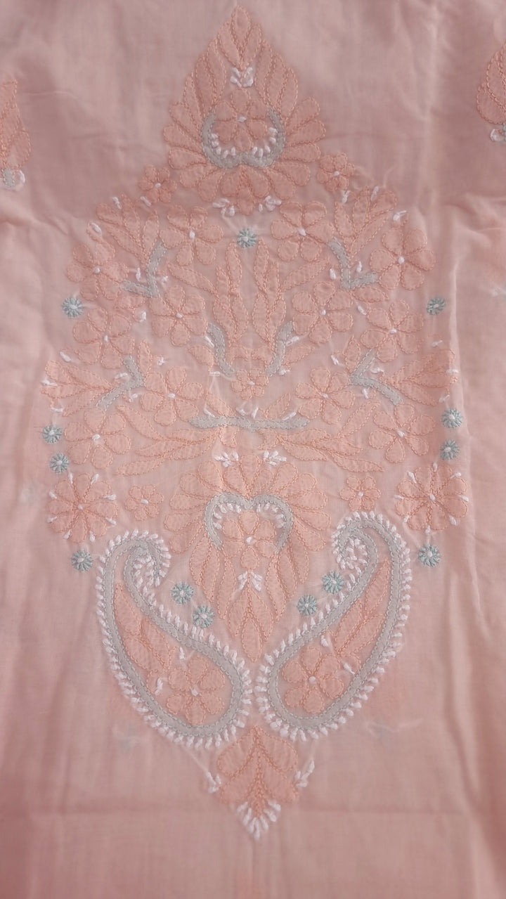 Lucknow Chikankari Hand Embroidered Cotton Dress Material with Tri-Color Motifs & Pure Chiffon Dupatta
