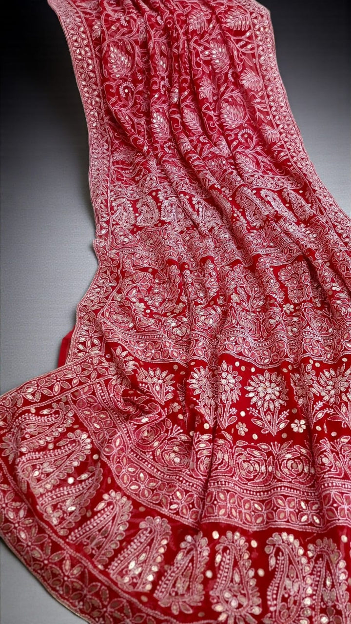 (Copy) Georgette Chikankari Saree - red