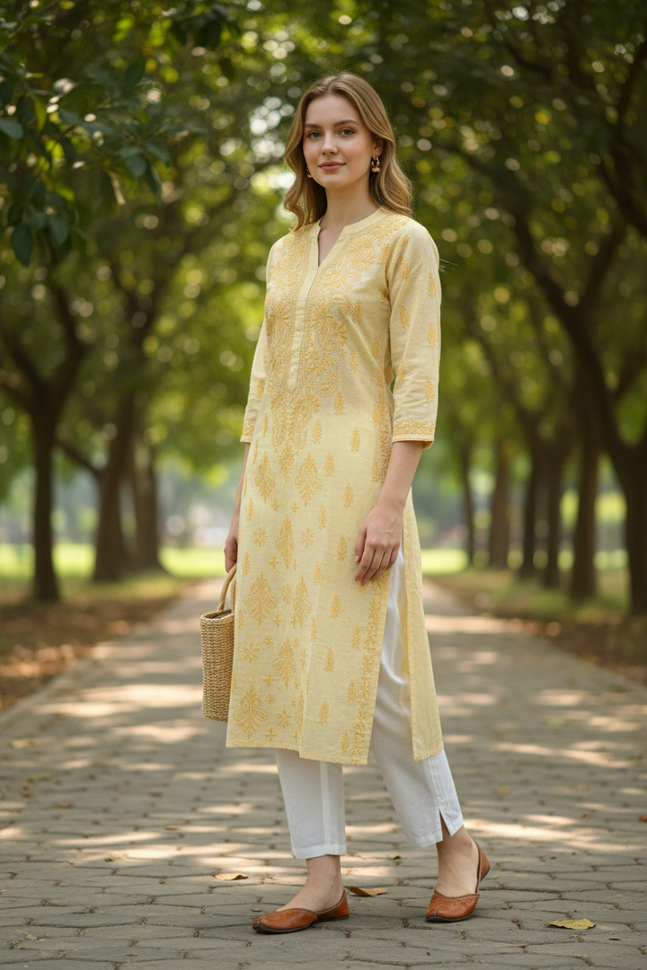Pure Cotton Linen Lucknowi Chikankari Long Kurti | 100% Hand Embroidered | Non-Transparent | No Shrinkage
