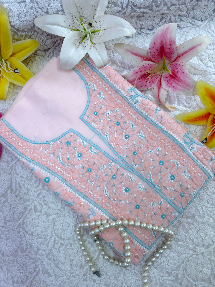 Lucknow Chikankari Hand Embroidered Cotton Dress Material with Tri-Color Motifs & Pure Chiffon Dupatta