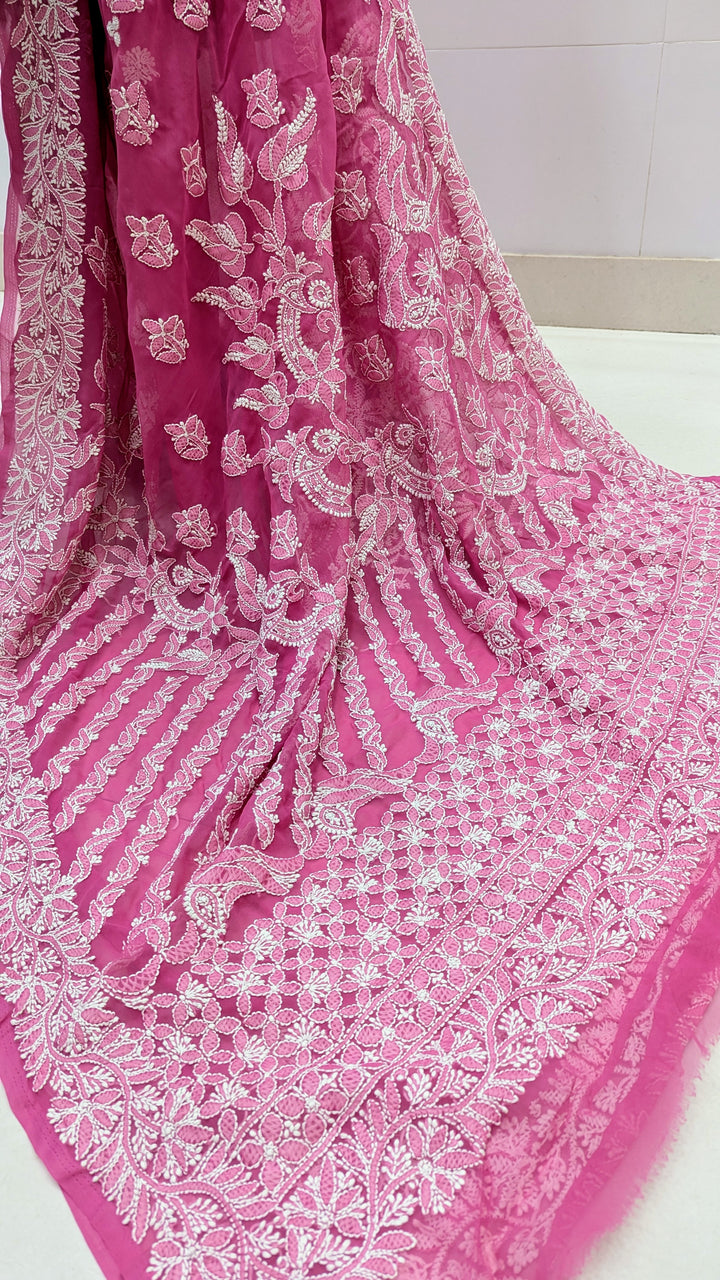 Faux Georgette Hand Chikankari Saree with Exclusive Border & designer Palla Design | Embroidered Blouse Included | Authentic Lucknow Handicraft by Paridhan Chikan