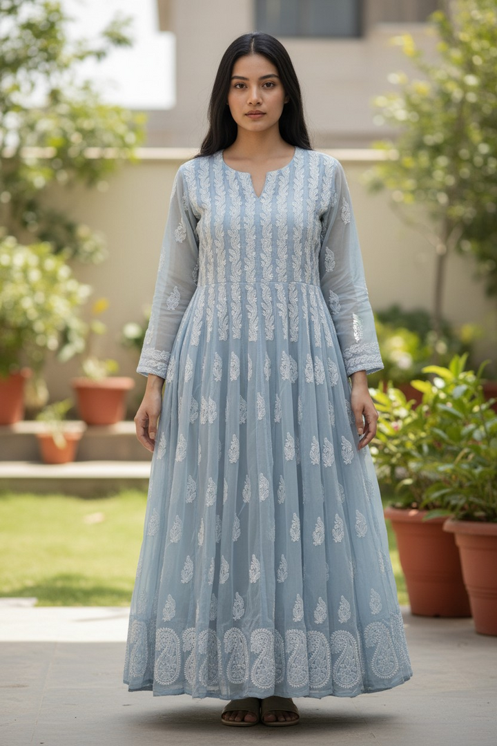 Georgette Lucknowi Chikankari 50" Long Anarkali Kurti | 100% Hand Embroidered| No Shrinkage
