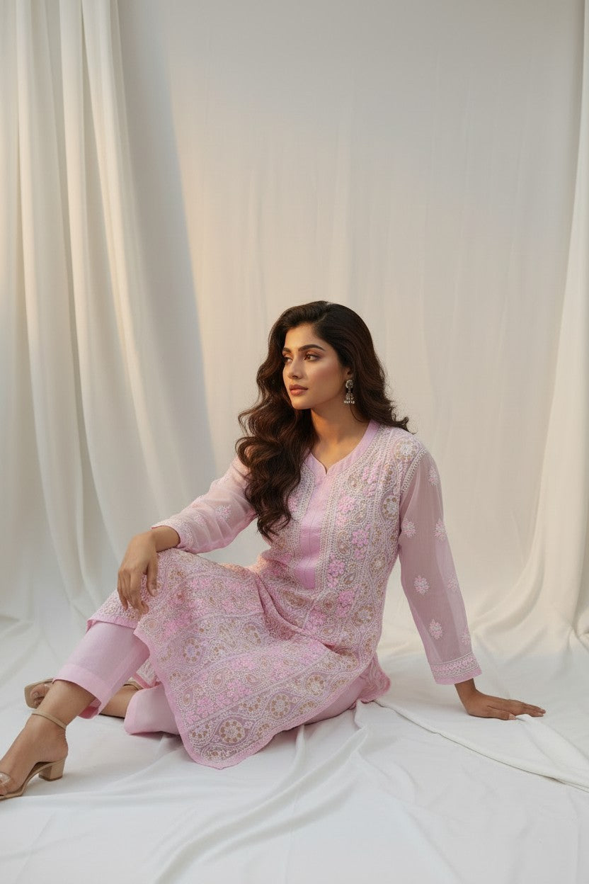Raha Women’s Georgette Chikankari Kurti –Pearl, mirror n aari work -Designer Hand Embroidered Lucknowi Craft by Paridhan Chikan