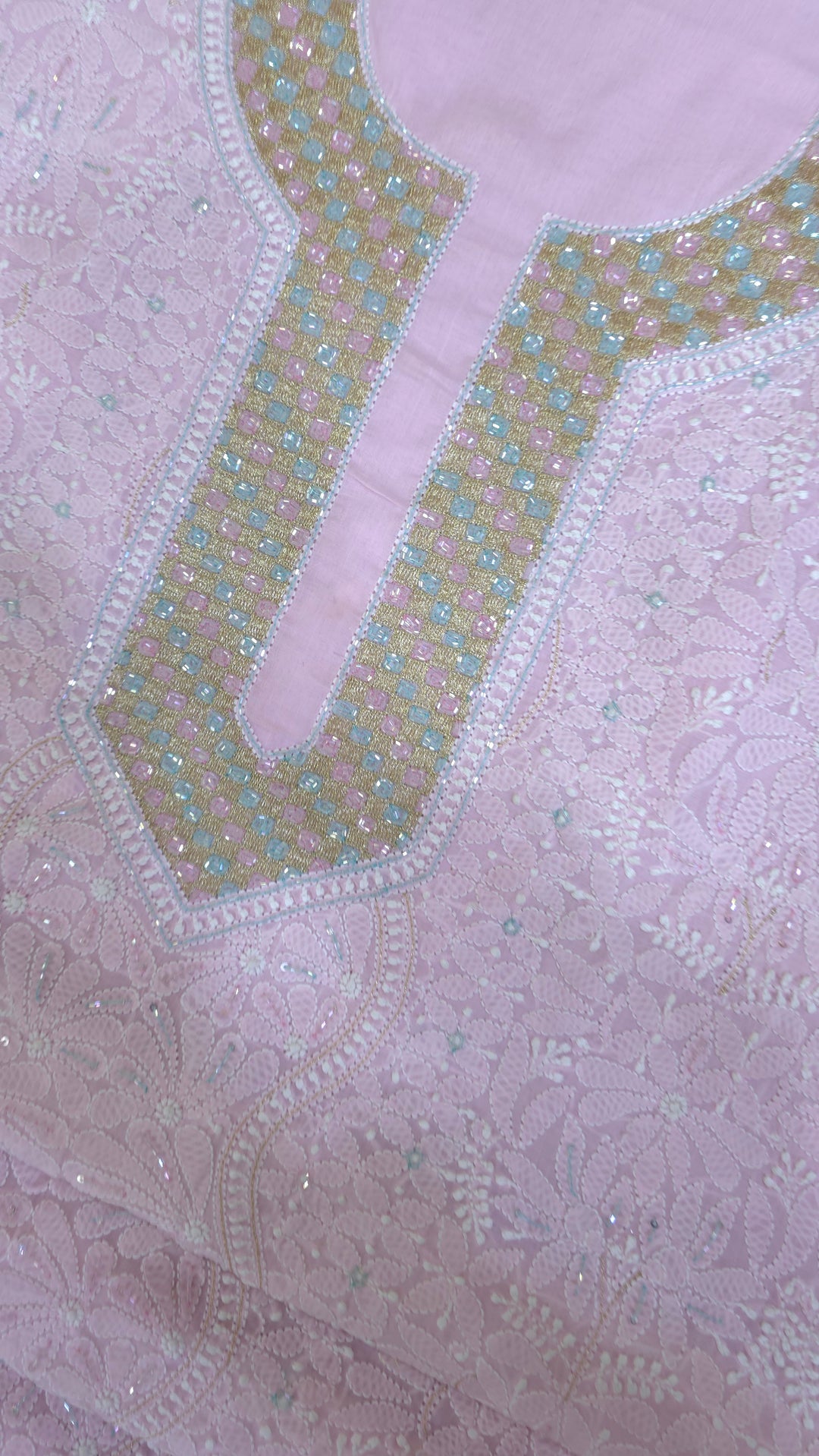 Premium Hand Embroidered Chikankari Cotton Unstitched Dress Material with Pure Chiffon Dupatta