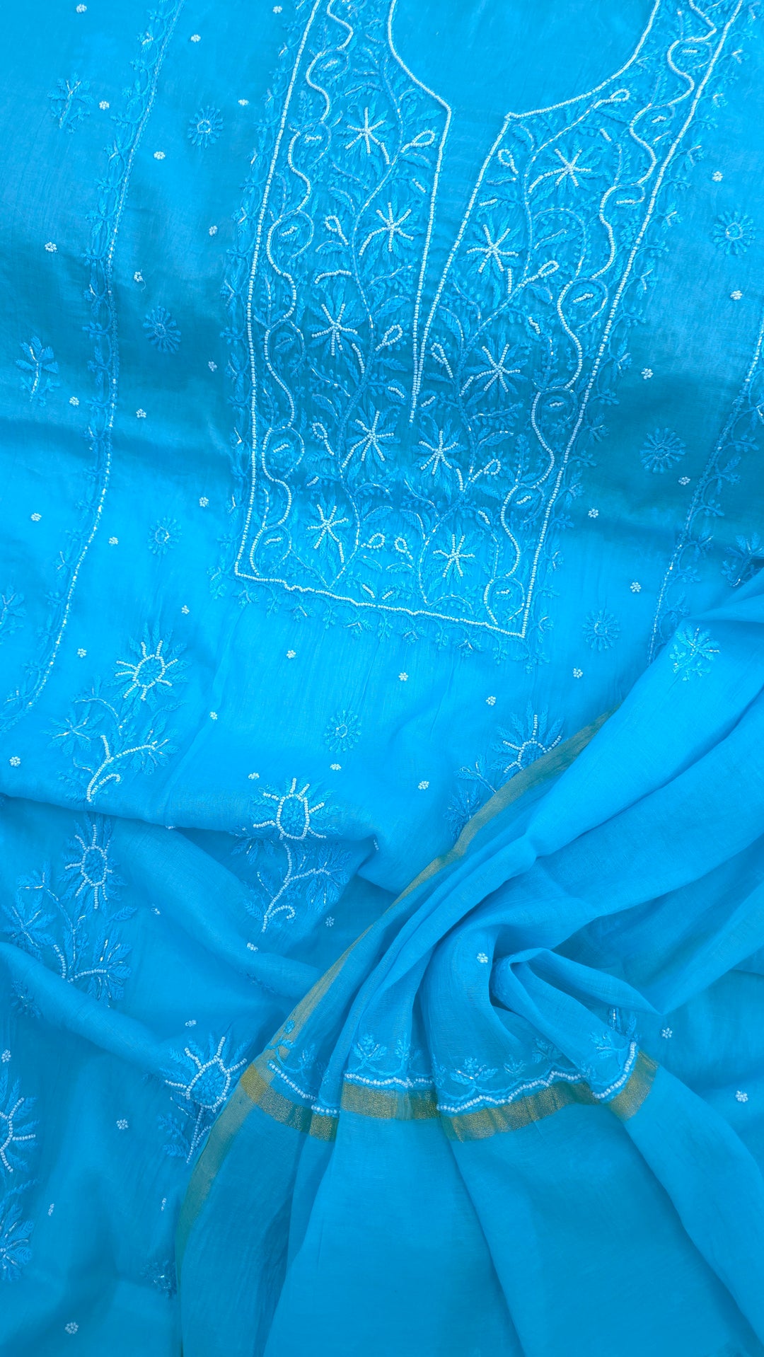 Premium Mul Chanderi Supersoft Dyeable Chikankari Dress Material | Hand Embroidered with Pearls & Cutdaana | Kurta & Dupatta Set