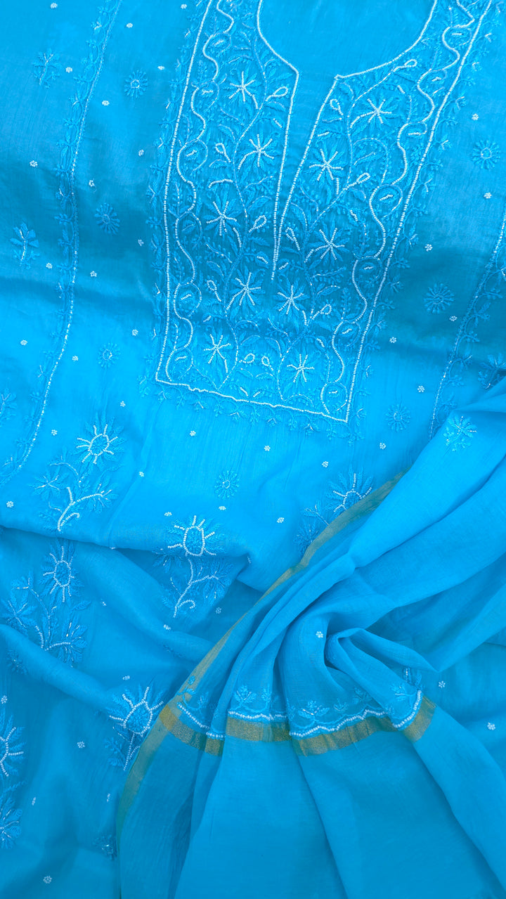 Premium Mul Chanderi Supersoft Dyeable Chikankari Dress Material | Hand Embroidered with Pearls & Cutdaana | Kurta & Dupatta Set