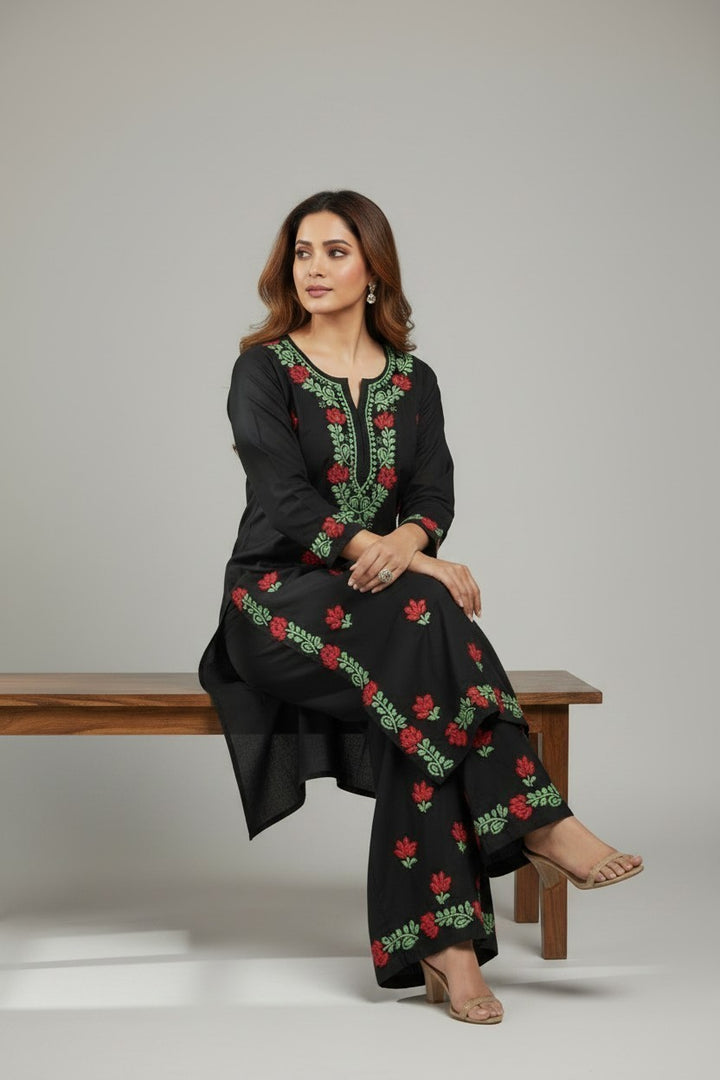 Hand Embroidery Premium Rayon Chikankari Kurta Pallazo Set