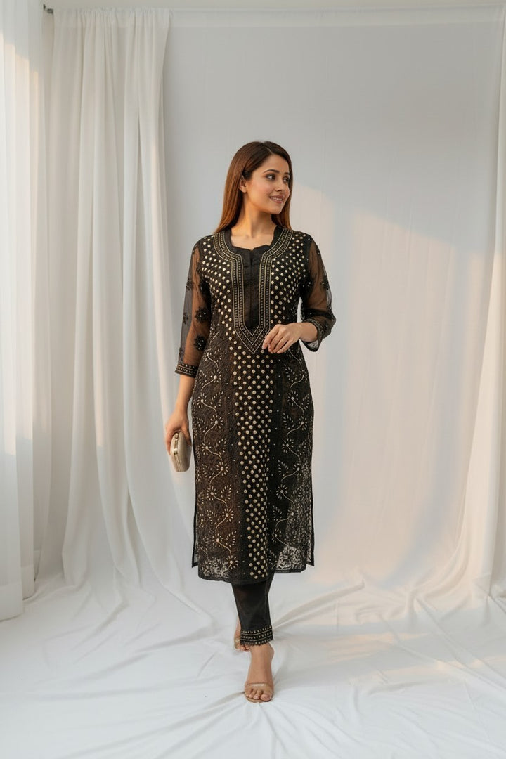 Raha Women’s Georgette Chikankari Kurti –Pearl, mirror n aari work -Designer Hand Embroidered Lucknowi Craft by Paridhan Chikan