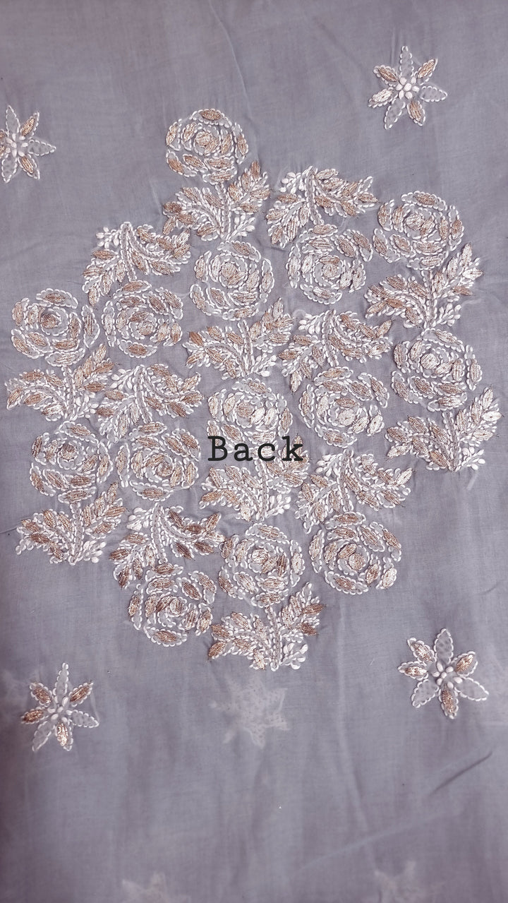 Grey Unstitched Soft Cotton Chikankari Suit Set – Aari, Kasab & Gotta Patti Embellished with Pure Chiffon Dupatta