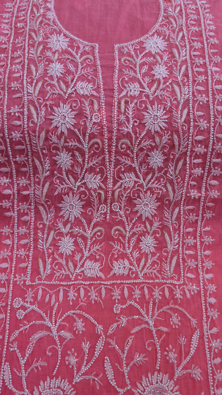 Premium Mul Chanderi Pearl, Cutdana & Kasab Hand Embroidered Unstitched Suit Set