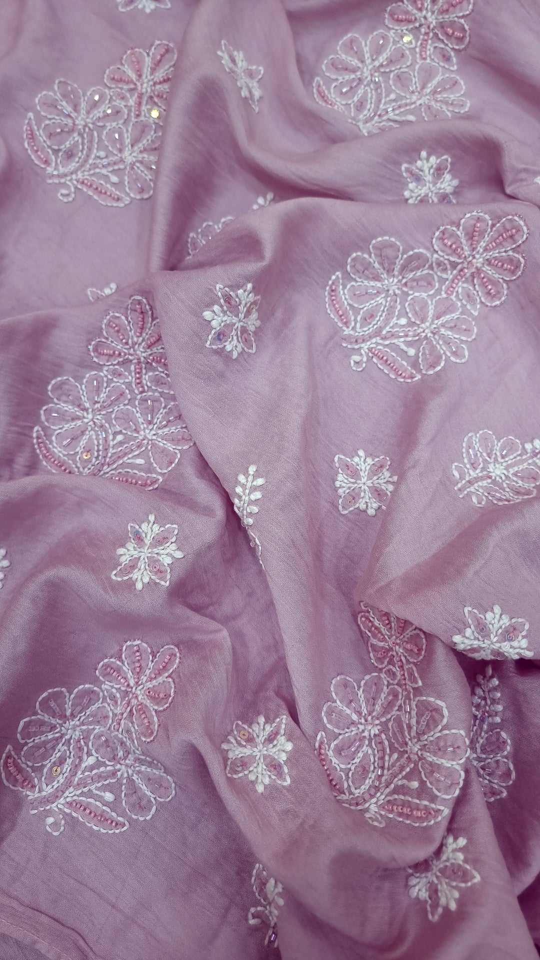 Lucknowi Chikankari Chanderi Fabric – Hand-Embroidered Kurta & Dupatta with Pearl, Resham & Badla Work