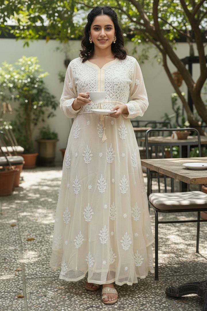 Georgette Lucknowi Chikankari 50" Long gown style Kurti | 100% Hand Embroidered| No Shrinkage