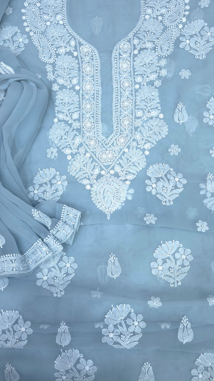 Lucknowi Georgette Chikankari Dress Material – Hand Embroidery Kurta, Bottom & Dupatta | Festive Queen Shades