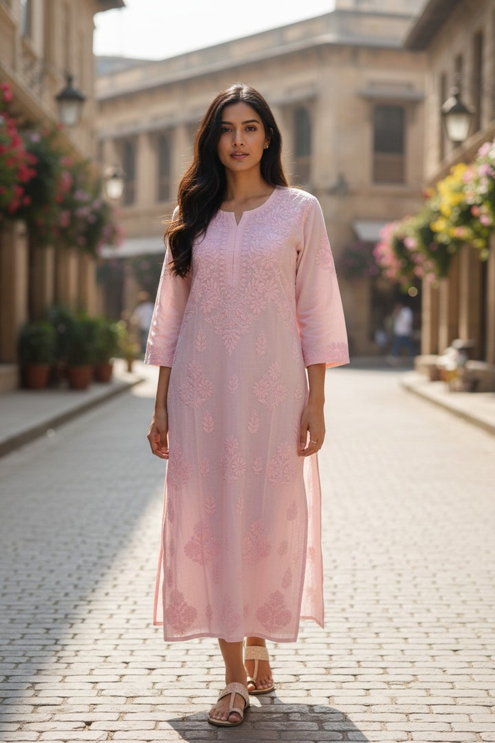 Premium Soft Chanderi Lucknowi Chikankari Long Kurti – 100% Hand Embroidered, Non-Transparent