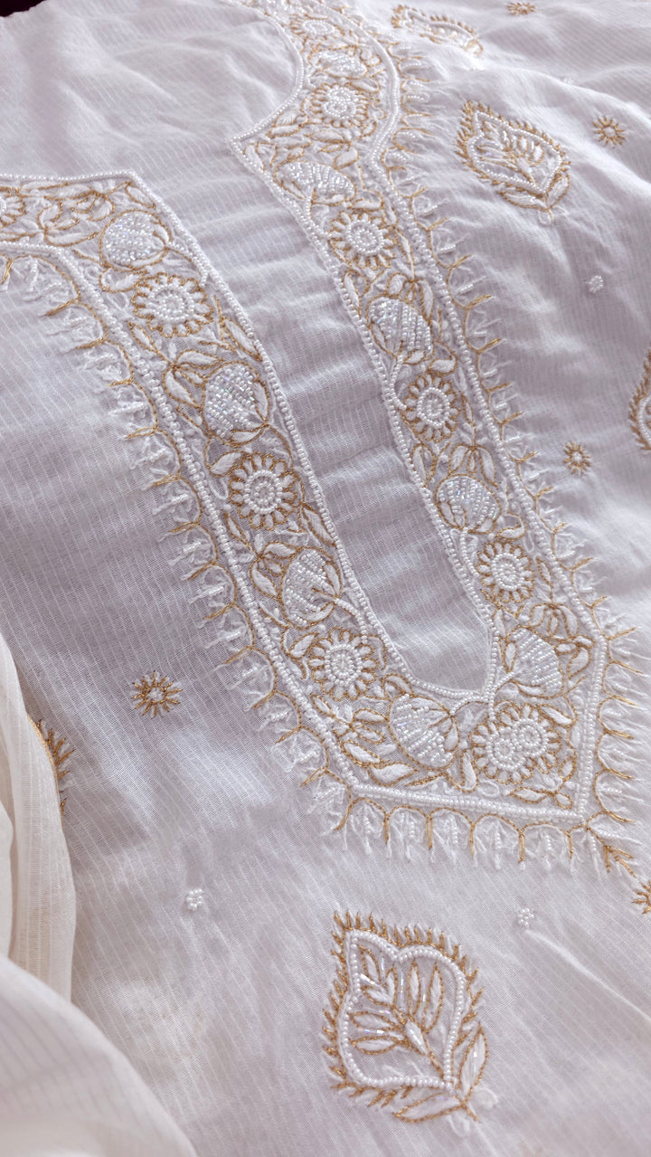 Pure Maheshwari Dyeable Chikankari Kurta Dupatta Set | Hand Embroidered 2 Taar Kurta with Kasab, Pearl & Cutdaana Work