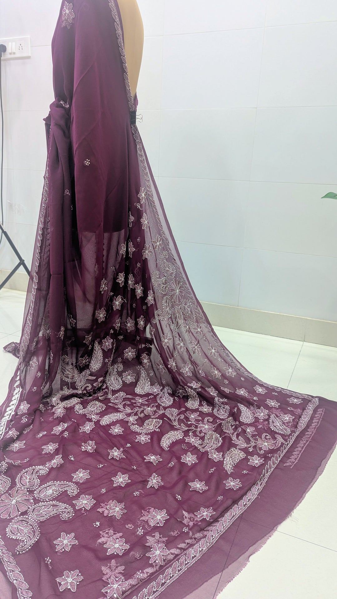 Faux Georgette Hand Chikankari Saree with Exclusive Border & Palla Design | Embroidered Blouse Included | Authentic Lucknow Handicraft by Paridhan Chikan
