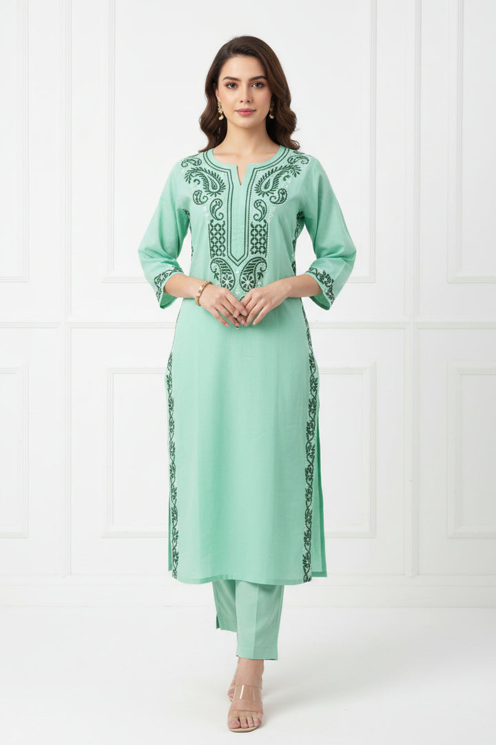 Soft Cotton Polo Fabric Lucknowi Chikankari Long Kurti | 100% Hand Embroidered | Non-Transparent | No Shrinkage