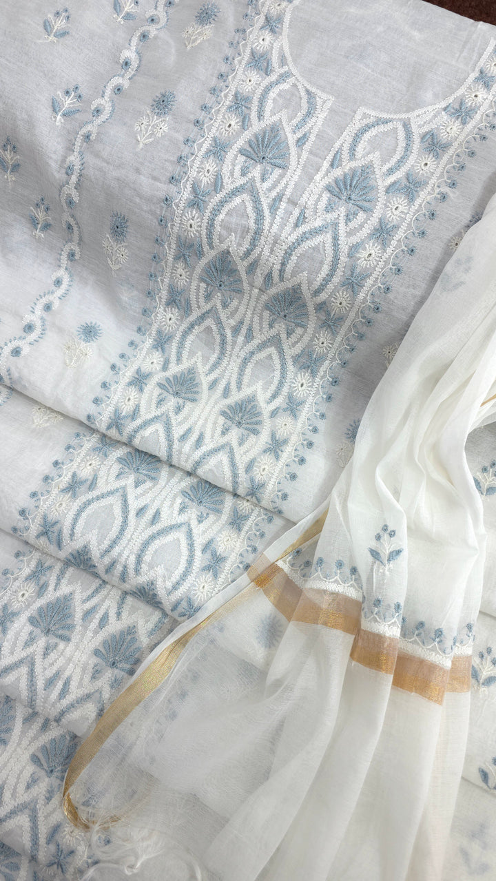 Pure Mul Chanderi 2 Taar Hand Embroidered Chikankari Unstitched Kurta (3 M) with Dupatta (2.5 M) – Lucknowi Festive Collection