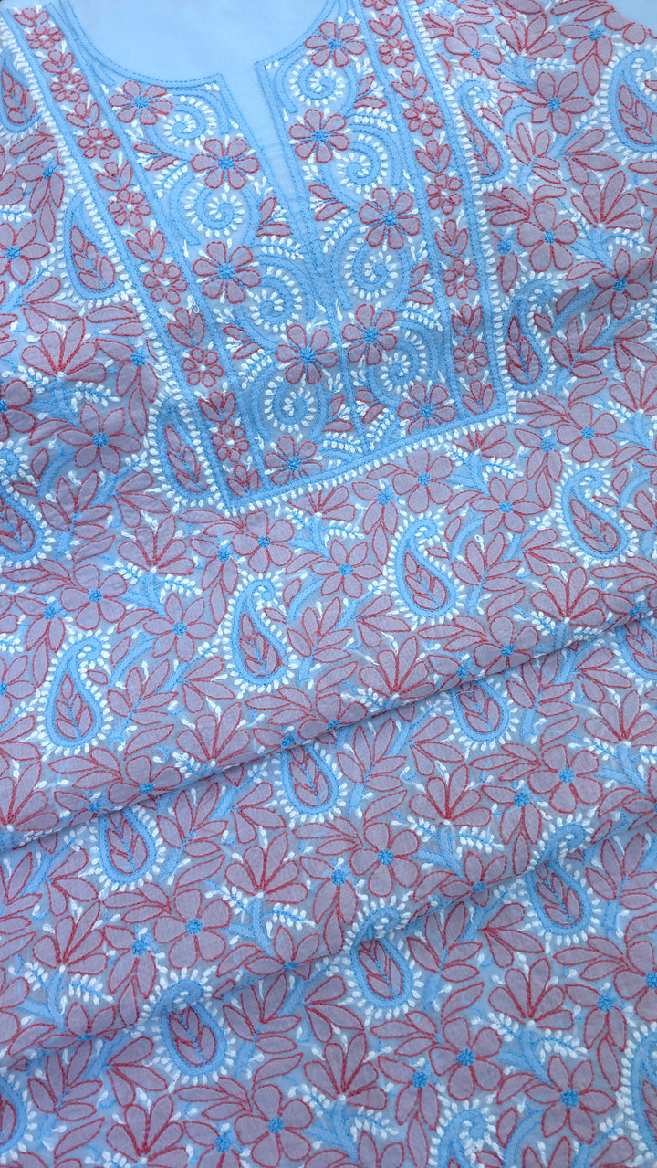 Lucknow Chikankari Hand Embroidered Cotton Dress Material with Tri-Color Motifs & Pure Chiffon Dupatta