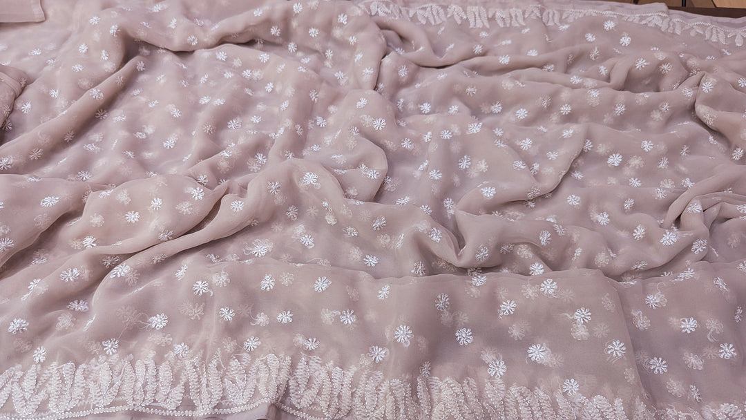 Faux Georgette Hand Chikankari Saree with Exclusive Border & Palla Design | Embroidered Blouse Included | Authentic Lucknow Handicraft by Paridhan Chikan