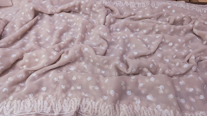 Faux Georgette Hand Chikankari Saree with Exclusive Border & Palla Design | Embroidered Blouse Included | Authentic Lucknow Handicraft by Paridhan Chikan