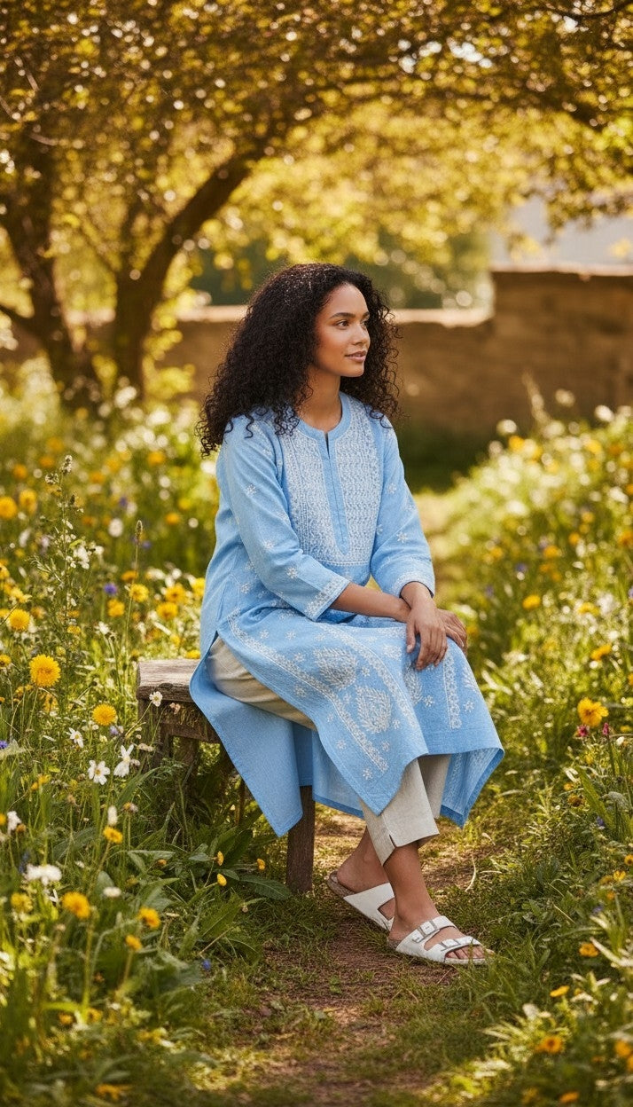 Hand Embroidery Chikankari Linen Kurti - Light Blue