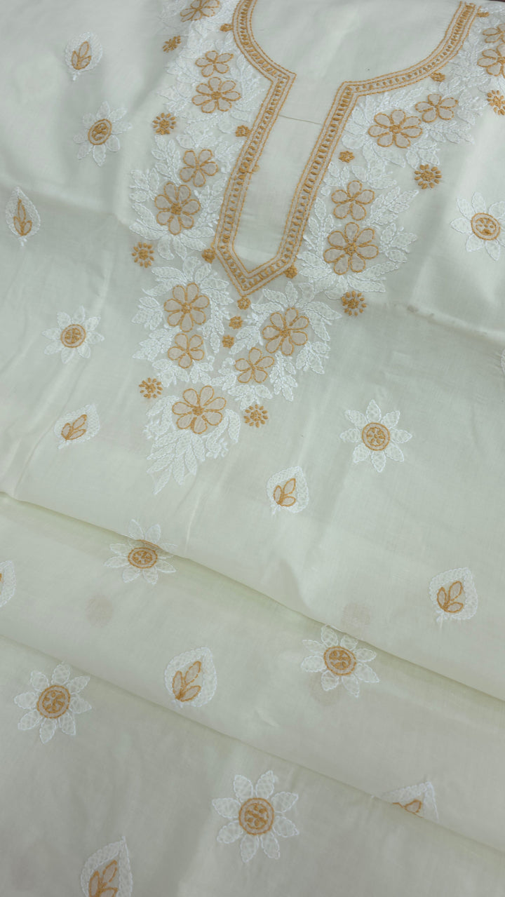 Paridhan Chikan Premium Cool Cotton Chikankari Dress Material Set with Hand Embroidered Kurta, Bottom & Chiffon Dupatta with Handmade Crochet Border