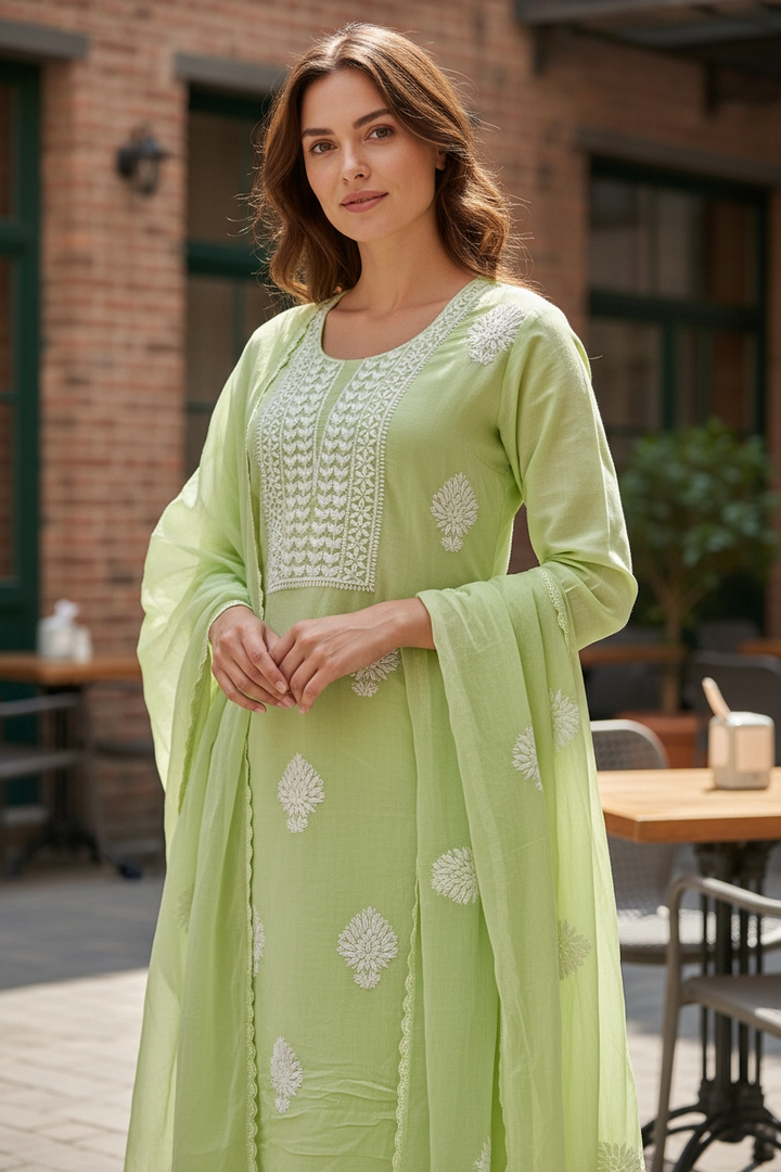 Unstitched Soft Modal Cotton Chikankari Suit Set with Pure Chiffon Dupatta