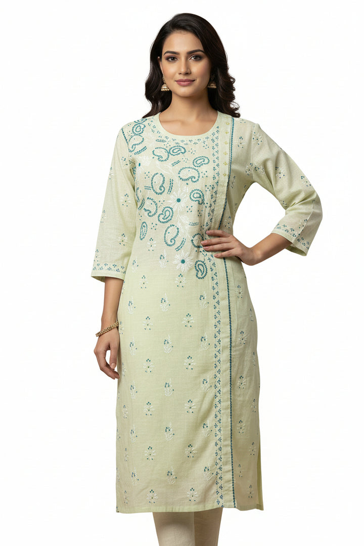 Pure Cotton Linen Lucknowi Chikankari Long Kurti | 100% Hand Embroidered | Non-Transparent | No Shrinkage