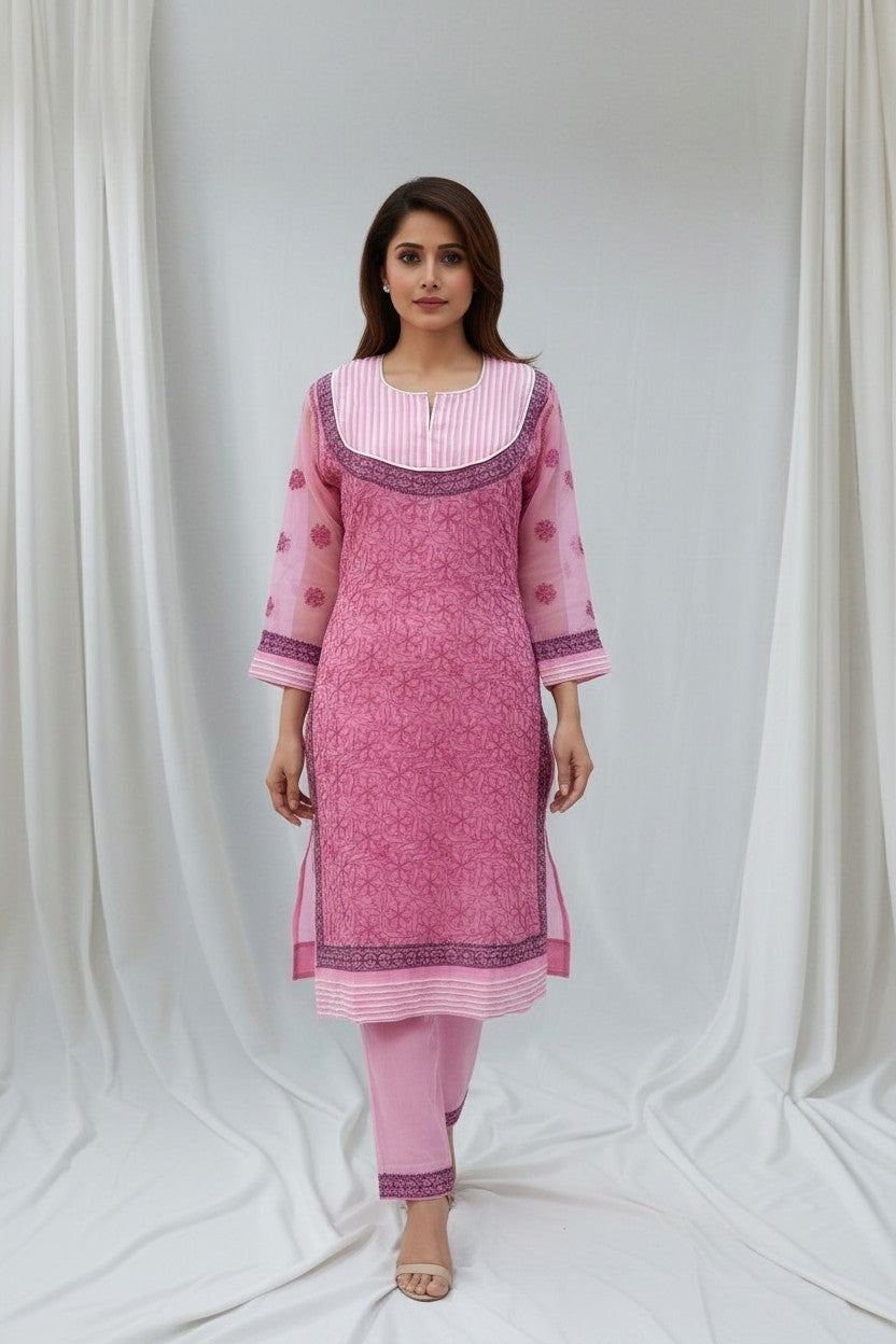 Women’s Georgette Chikankari Kurti – Designer Hand Embroidered Lucknowi Craft by Paridhan Chikan