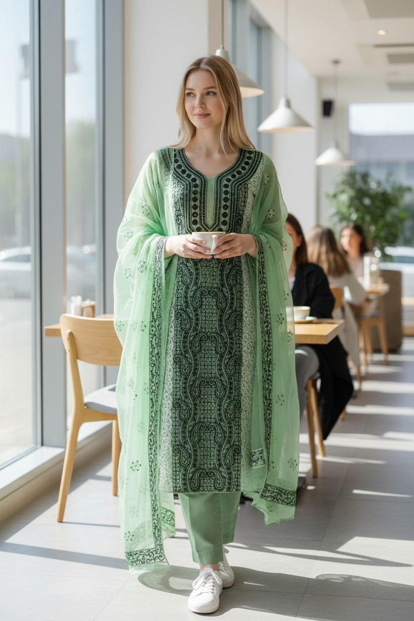 Unstitched Georgette Chikankari Dress Material | Hand Embroidered Kurta, Bottom & Dupatta