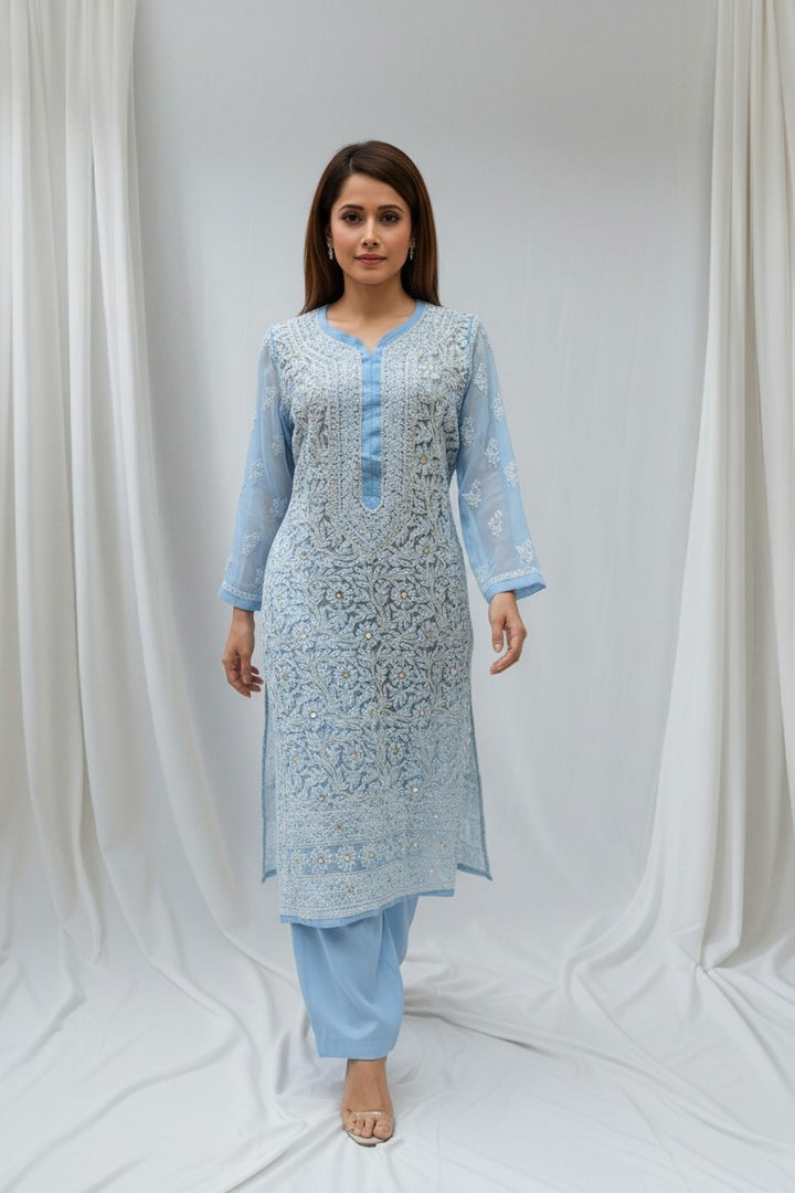 Raha Women’s Georgette Chikankari Kurti –Pearl, mirror n aari work -Designer Hand Embroidered Lucknowi Craft by Paridhan Chikan