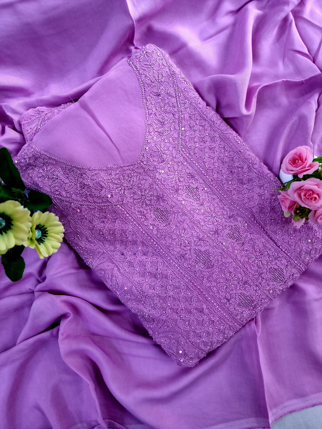 Pure Premium Luxury Georgette Hand-Embroidered Chikankari Dress Material with Dupatta & Crape Bottom – Paridhan Chikan