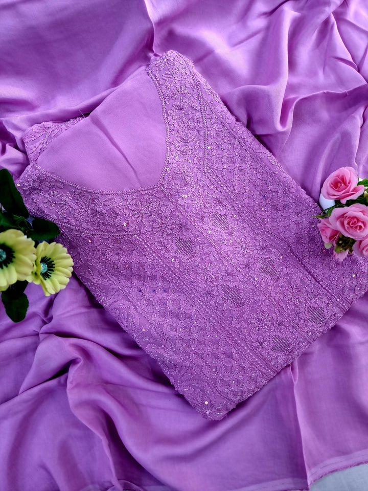 Pure Premium Luxury Georgette Hand-Embroidered Chikankari Dress Material with Dupatta & Crape Bottom – Paridhan Chikan